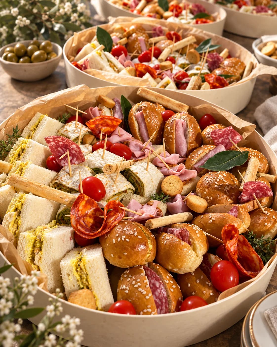 Plateaux apéritifs de ductraiteur mis en scène sur une table lumineuse, avec des olives et des fleurs.