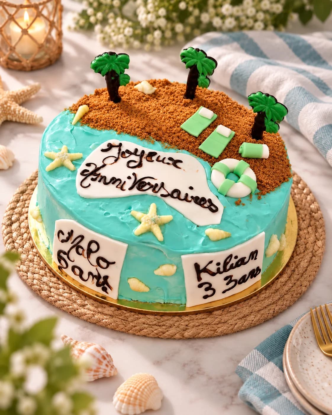 Gâteau thème plage d’O’délices d’Élodie sur une table avec des coquillages, un set tressé et du linge rayé.