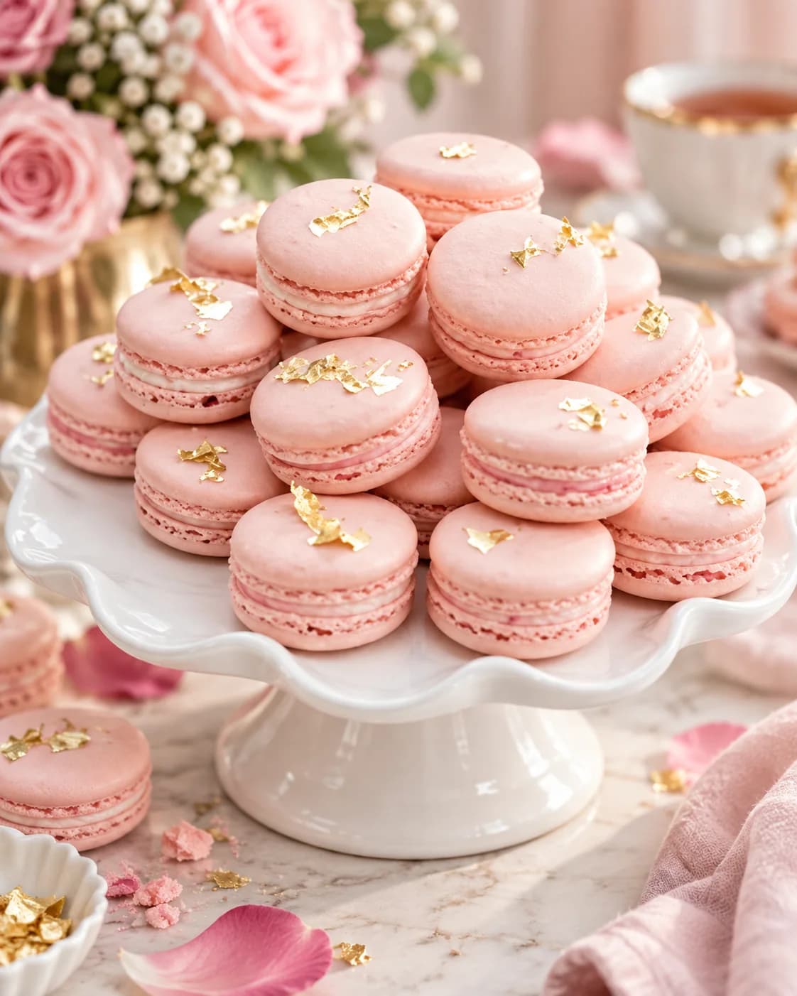 Macarons roses d’O’délices d’Élodie dans un décor de roses, de pétales et de vaisselle aux détails dorés.