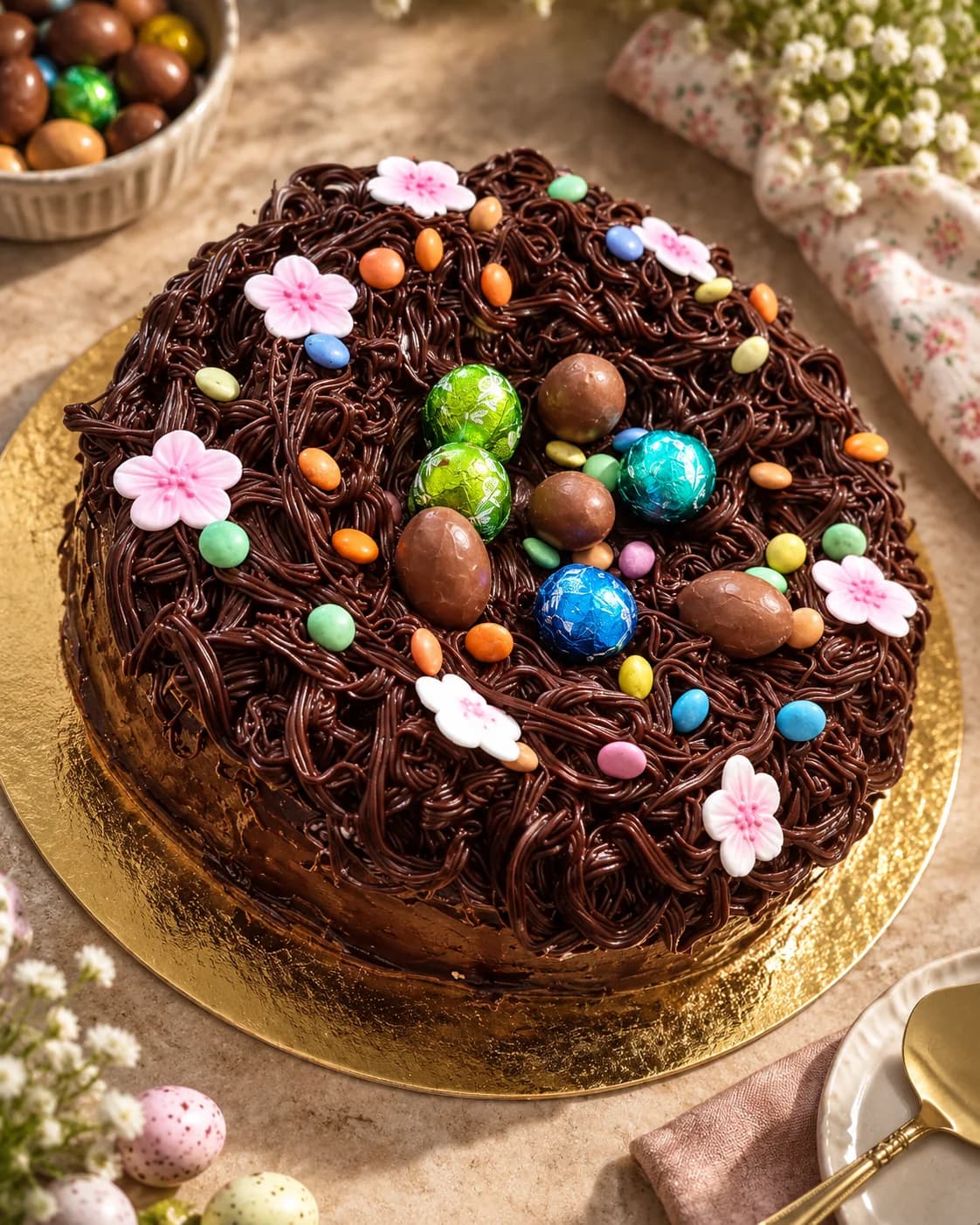 Gâteau de Pâques d’O’délices d’Élodie sur une table dressée avec des œufs colorés et des fleurs.