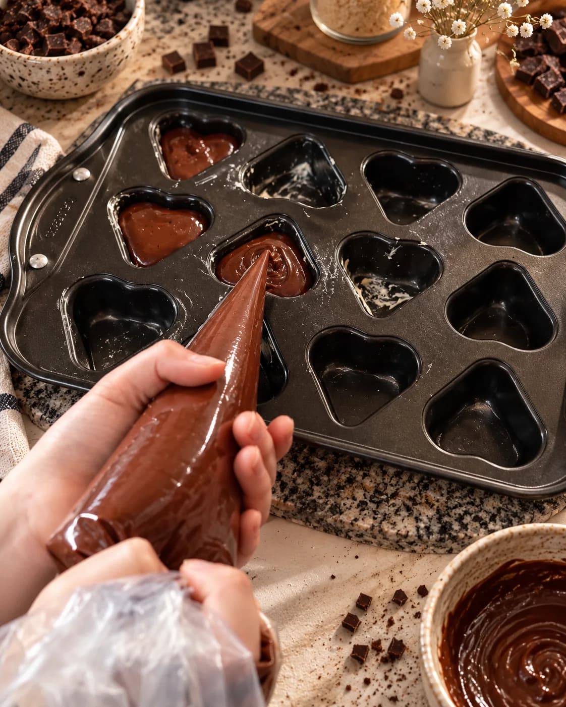 Préparation de chocolats d’O’délices d’Élodie dans un décor de chocolat concassé, de bols et de linge.