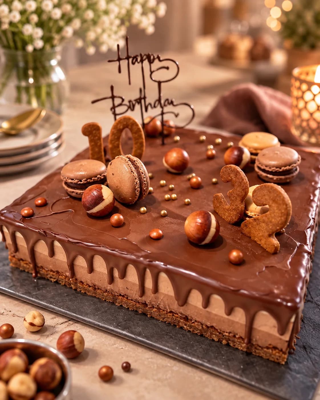 Gâteau d’anniversaire au chocolat d’O’délices d’Élodie sur une table de fête avec des noisettes et des fleurs.