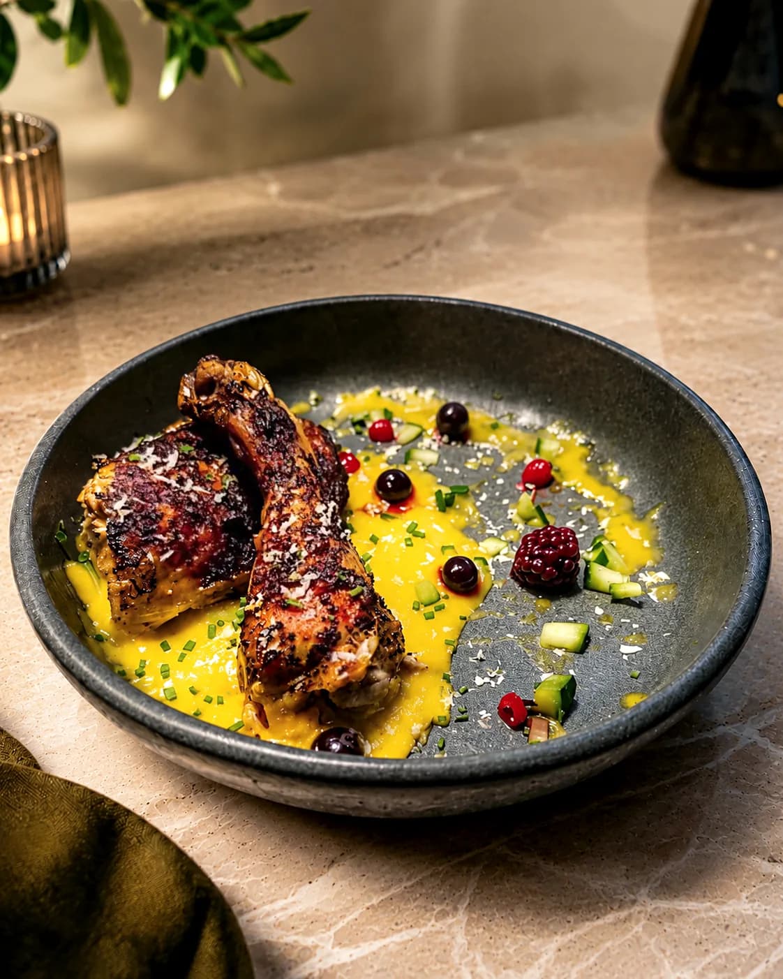 Assiette de poulet rôti de chef_trinity.3 sur une table claire, dans une lumière latérale avec un arrière-plan épuré.