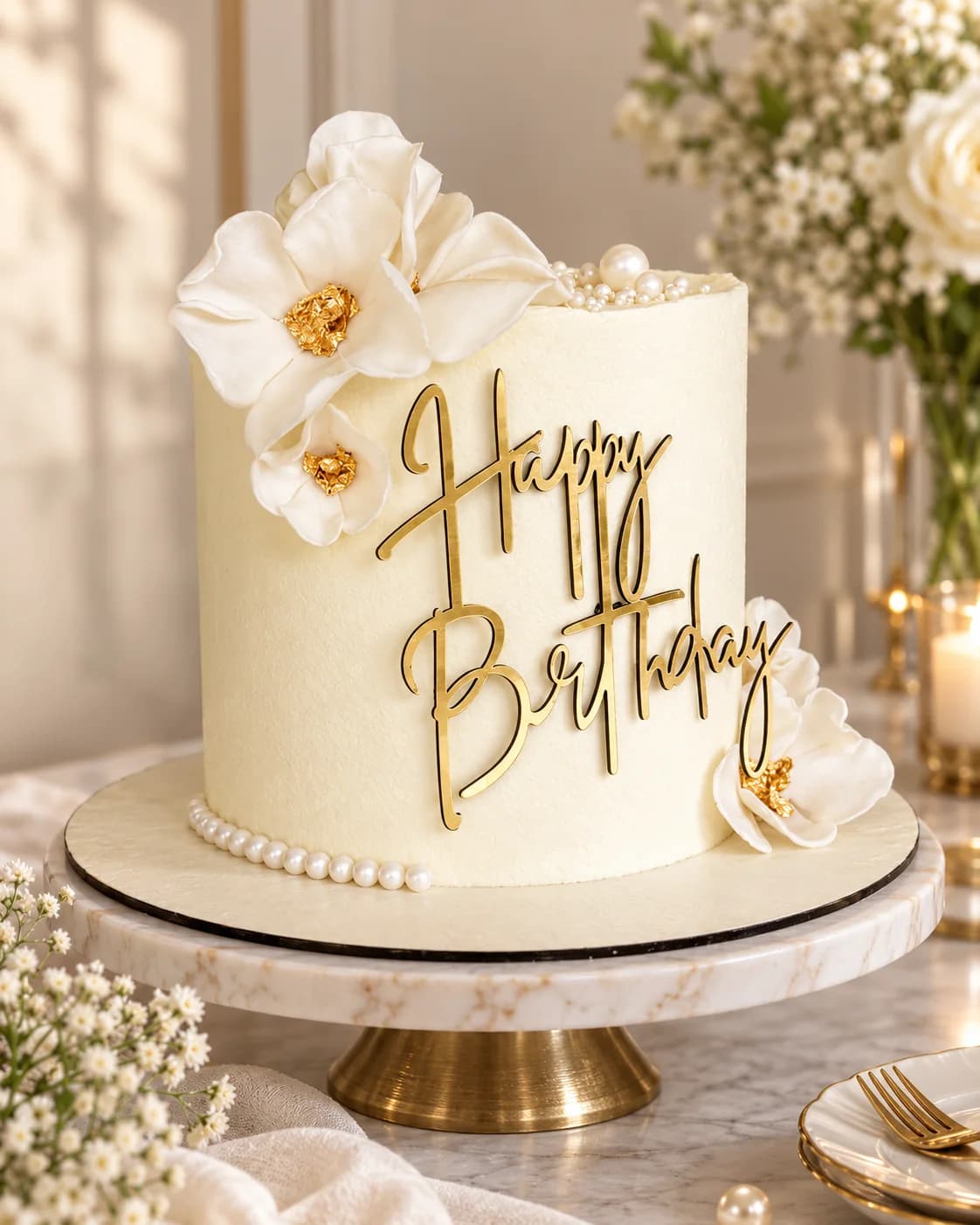 Gâteau blanc d’O’délices d’Élodie mis en scène sur un présentoir doré, avec des fleurs et une lumière chaleureuse.